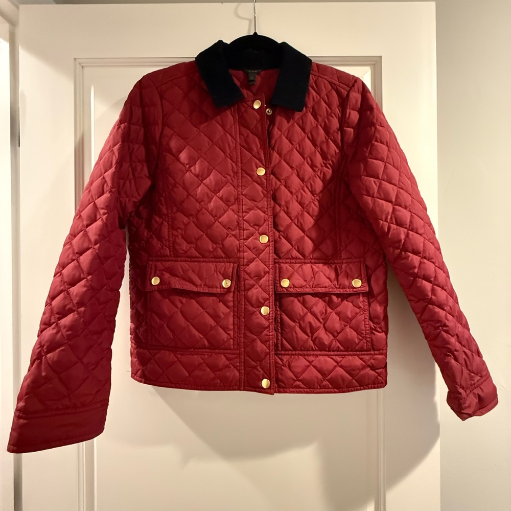 J.Crew Quilted Goose Down Burgundy Puffer Jacket Corduroy Collar Gold Buttons